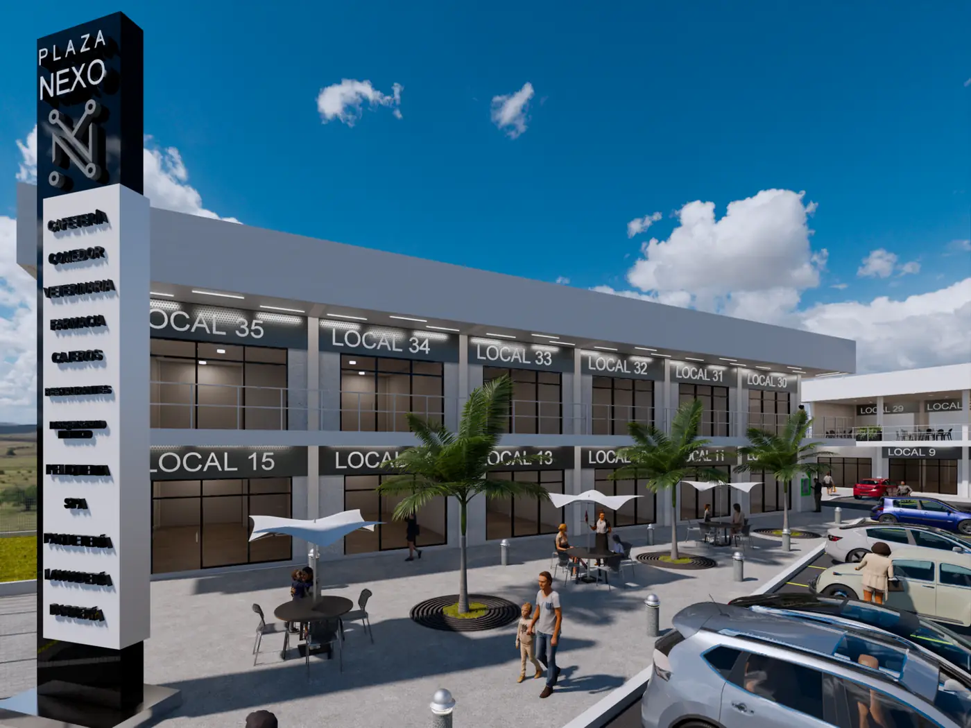 Vista exterior con tótem y plazoleta